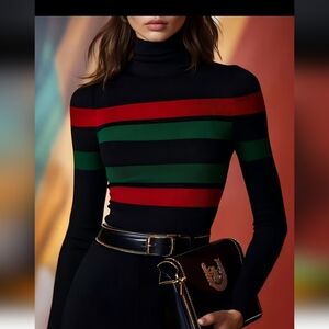 Women High-Neck Long Sleeve Knit Sweater Vibrant Red & Green Stripe